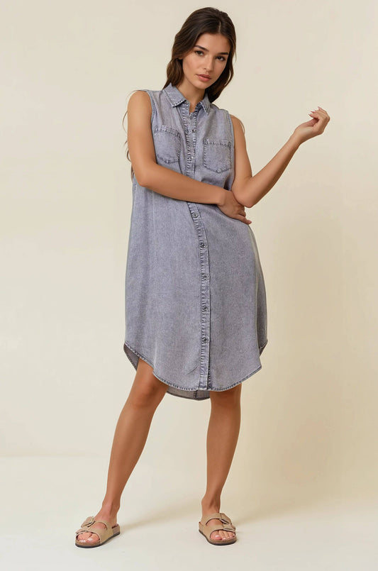 SLEEVELESS TENCEL DENIM  SHIRT DRESS