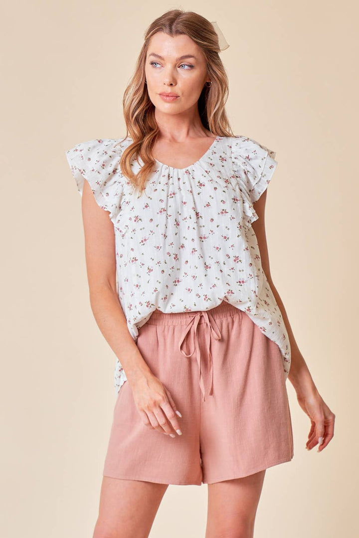 Swiss Dot Floral Print Ruffle Top With Button Back