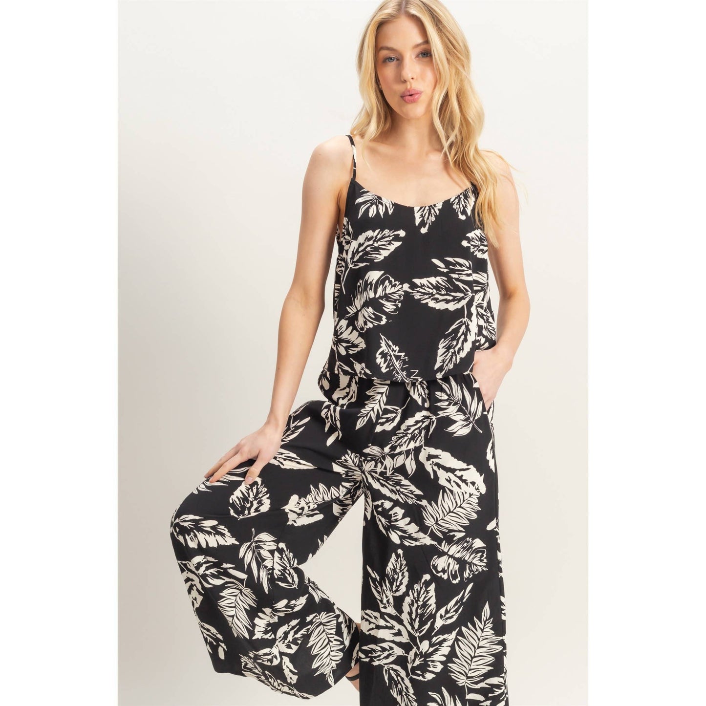 Leaf Cami Pants: BLACK/CREAM