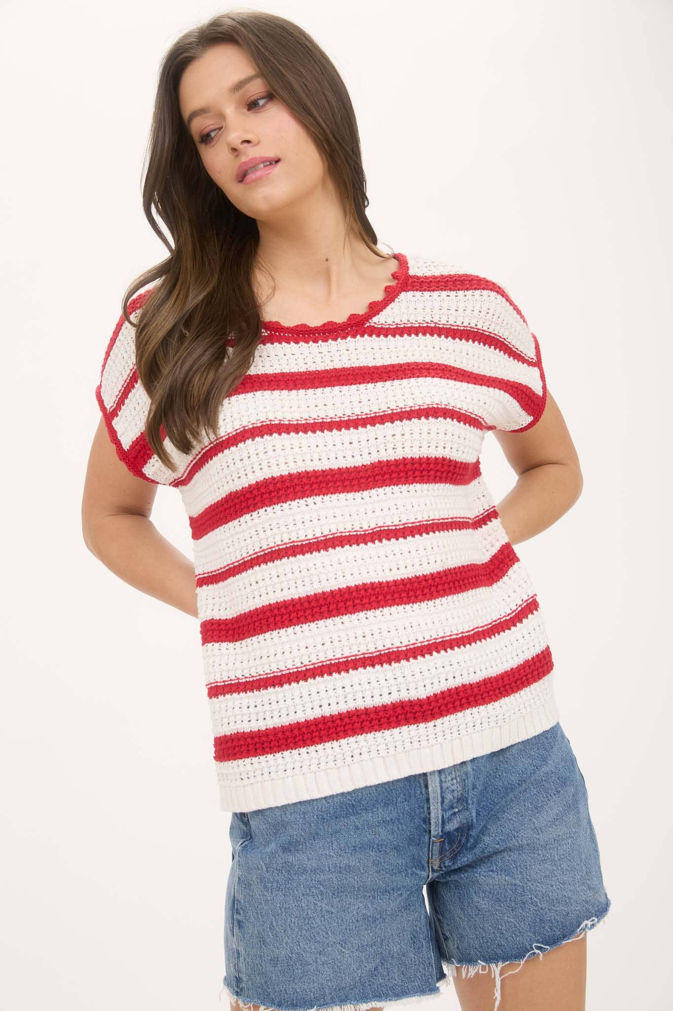 STRIPE SCALLOP TRIM SHORT SLEEVE CROCHET SWEATER