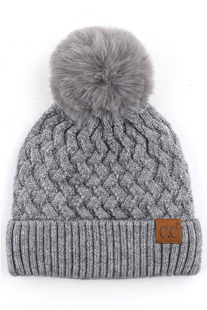 C.C Woven Cable Stitch Cuff Soft Pom Beanie Winter Hat: Light Gray