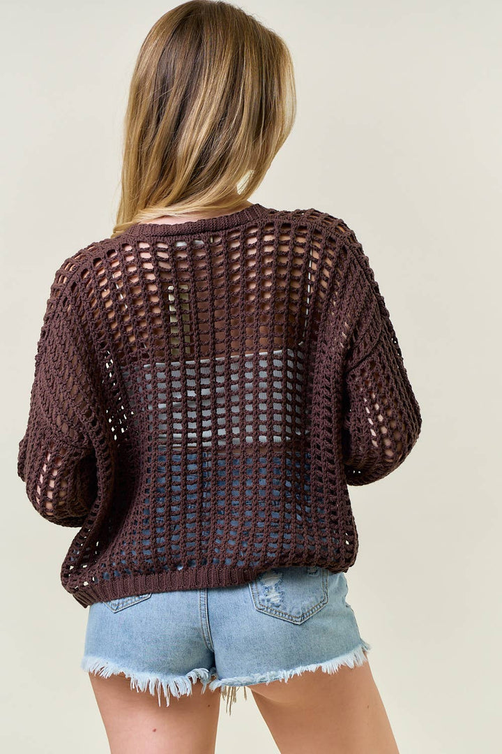 Espresso Fishnet Open Cardigan