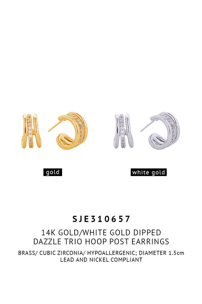 14K Dazzle Trio Hoop Post Earrings: White Gold