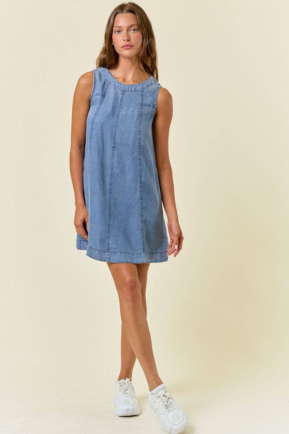 Chambray Round Neckline Sleeveless A-Line Mini Dress