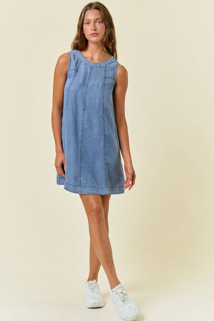 Chambray Round Neckline Sleeveless A-Line Mini Dress