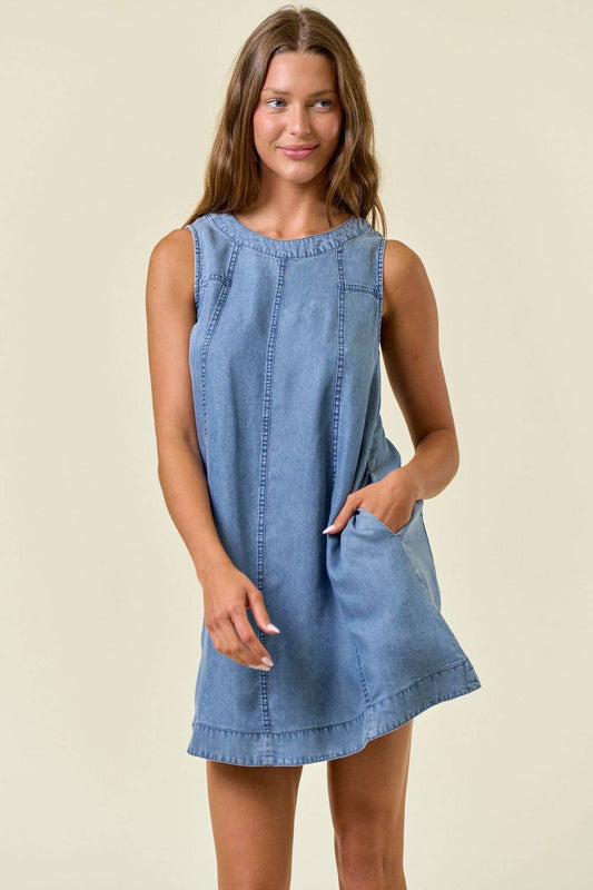 Chambray Round Neckline Sleeveless A-Line Mini Dress