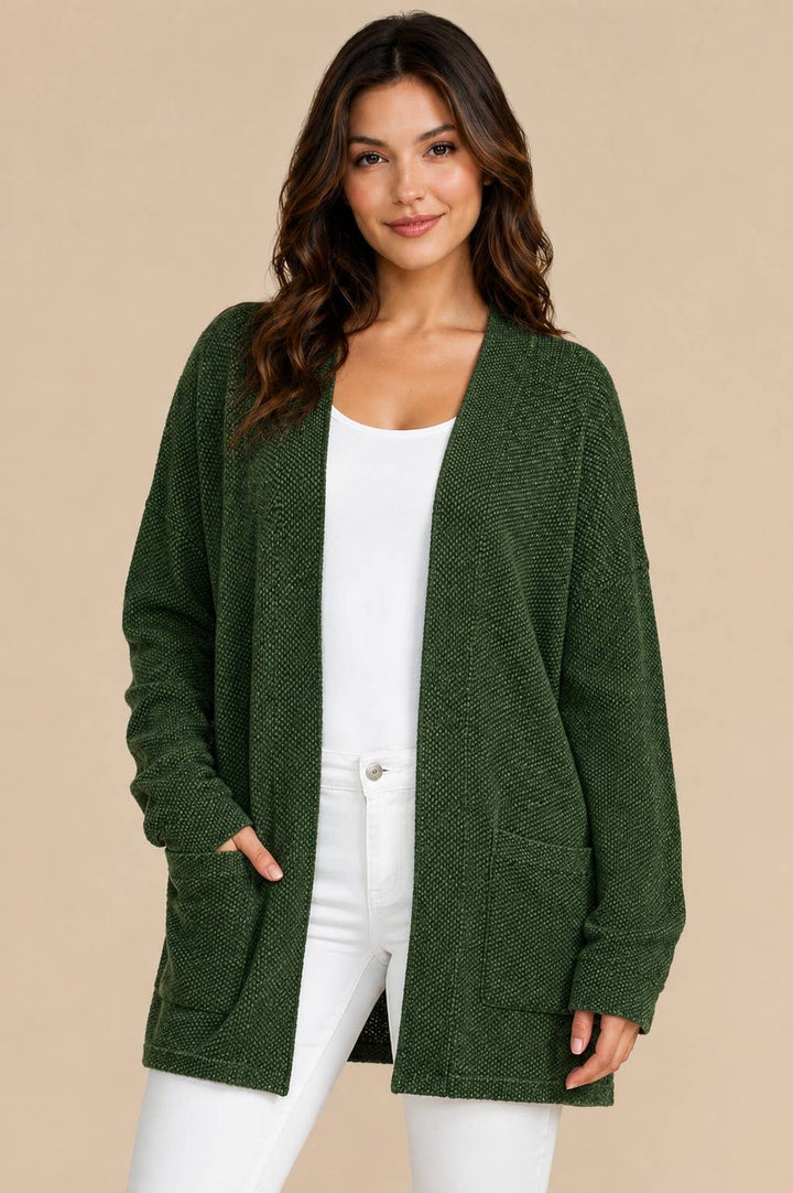 OLIVE JACQUARD KNIT OPEN CARDIGAN WITH POCKETS