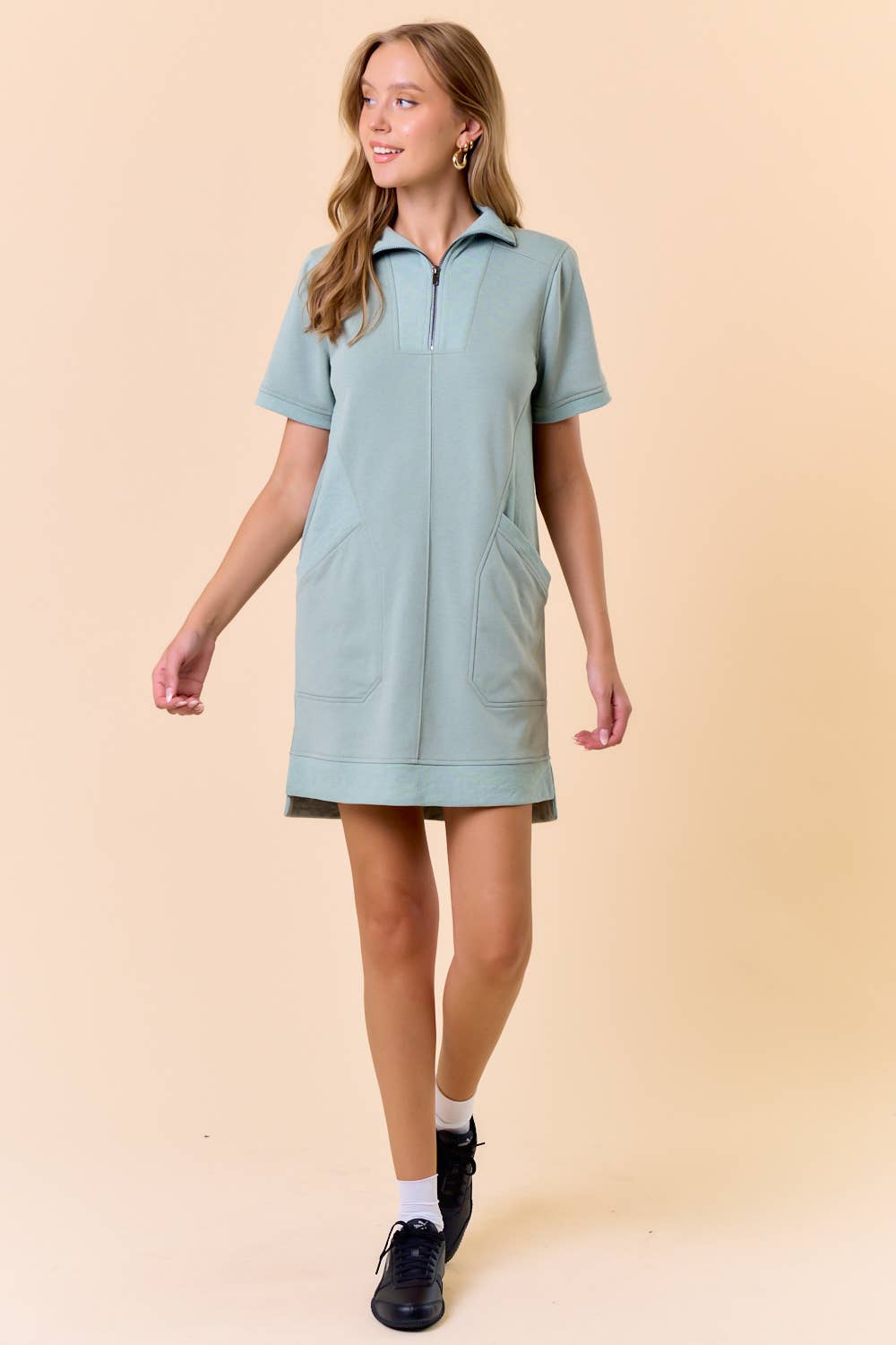 FRENCH TERRY ZIP-FRONT SHORT SLEEVE MINI DRESS