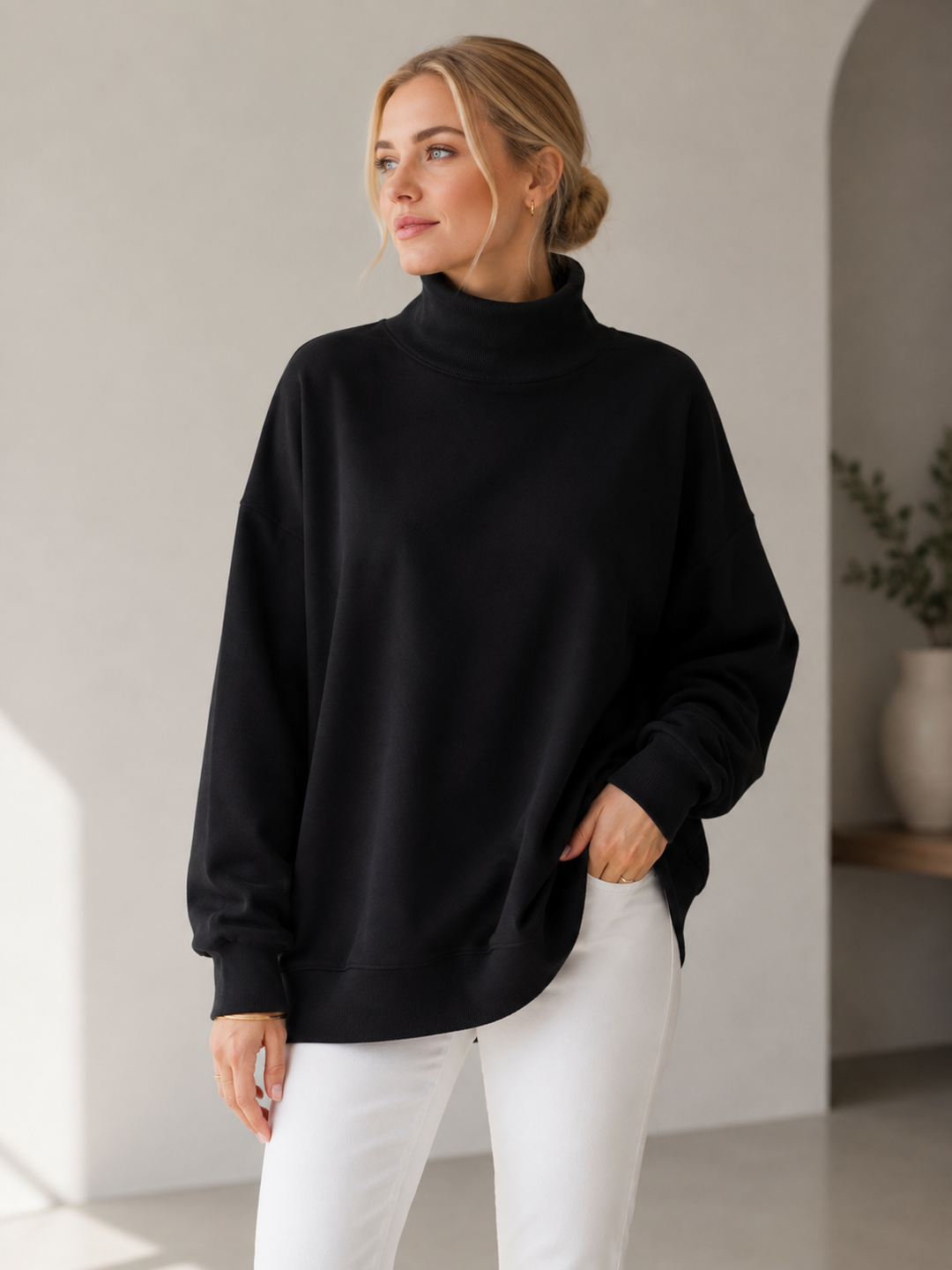 BLACK - MOCK NECK SWEATSHIRT WITH MELANGE FLEECE AND RIB CONTRAST
