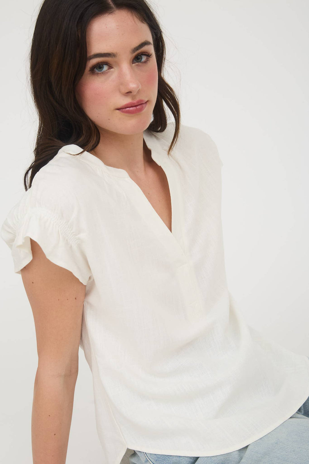 White Split Neck Linen Blouse