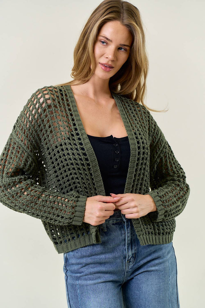 CROCHET FISHNET CROPPED OPEN CARDIGAN OLIVE