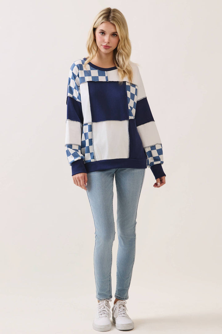Midnight Navy Check Patchwork Top