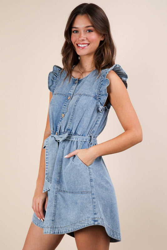 Washed Chambray Ruffle Detail Mini Dress: INDIGO