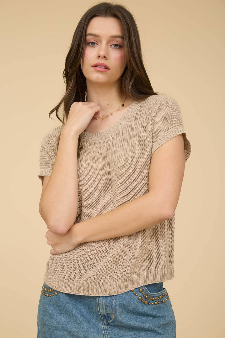 CREW NECK SHORT SLEEVE CROCHET KNIT PULLOVER