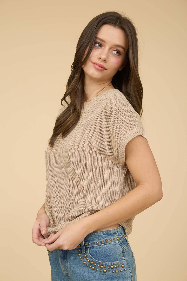 CREW NECK SHORT SLEEVE CROCHET KNIT PULLOVER
