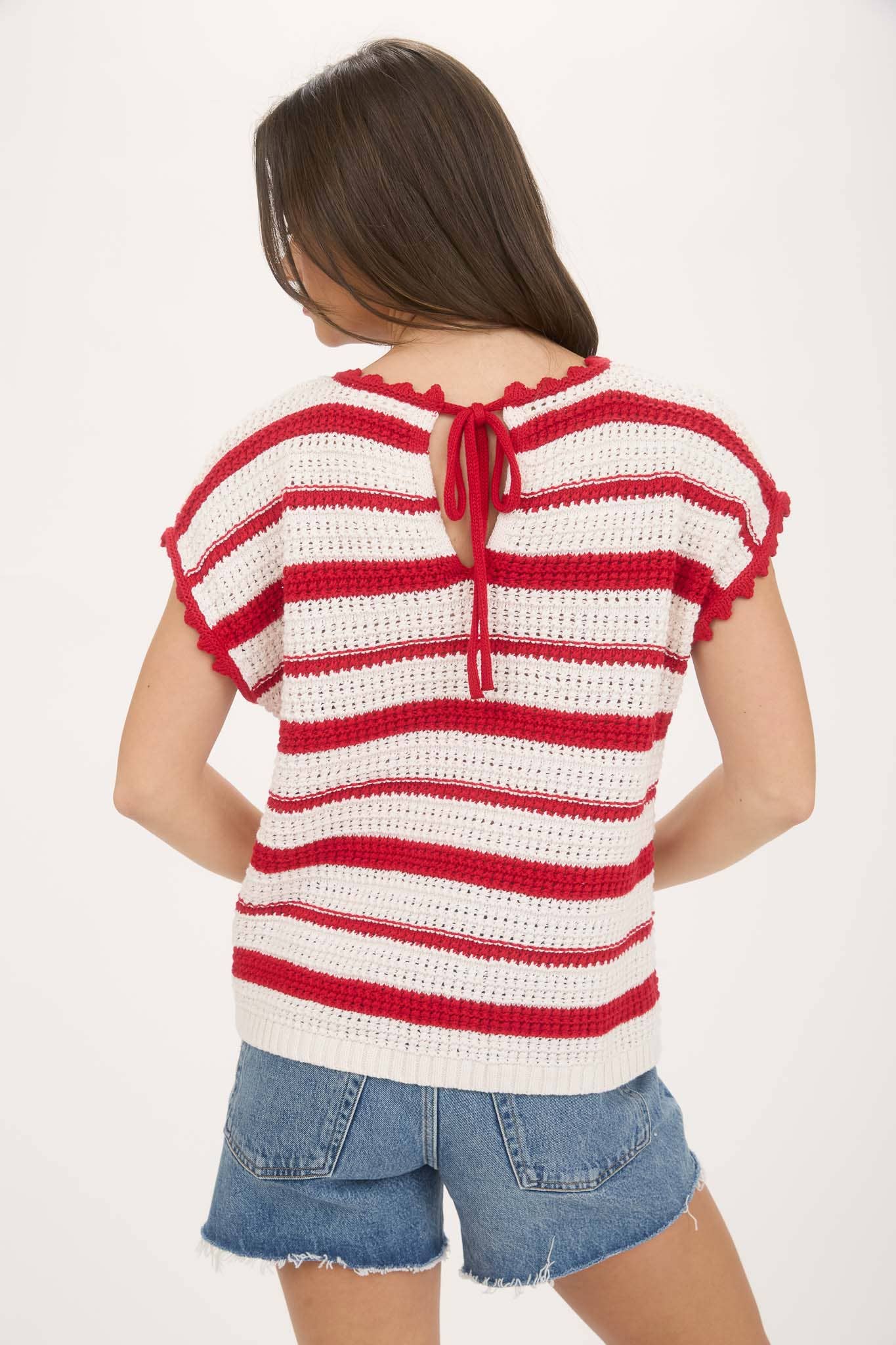 STRIPE SCALLOP TRIM SHORT SLEEVE CROCHET SWEATER