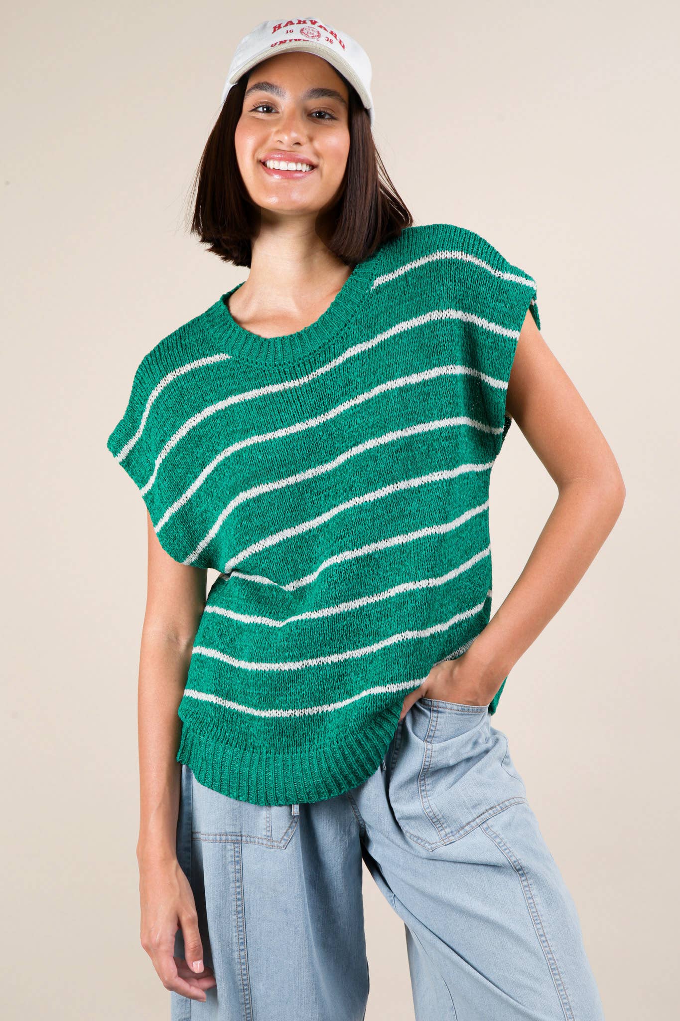 Striped Knit Sweater Vest Top: KELLY GREEN