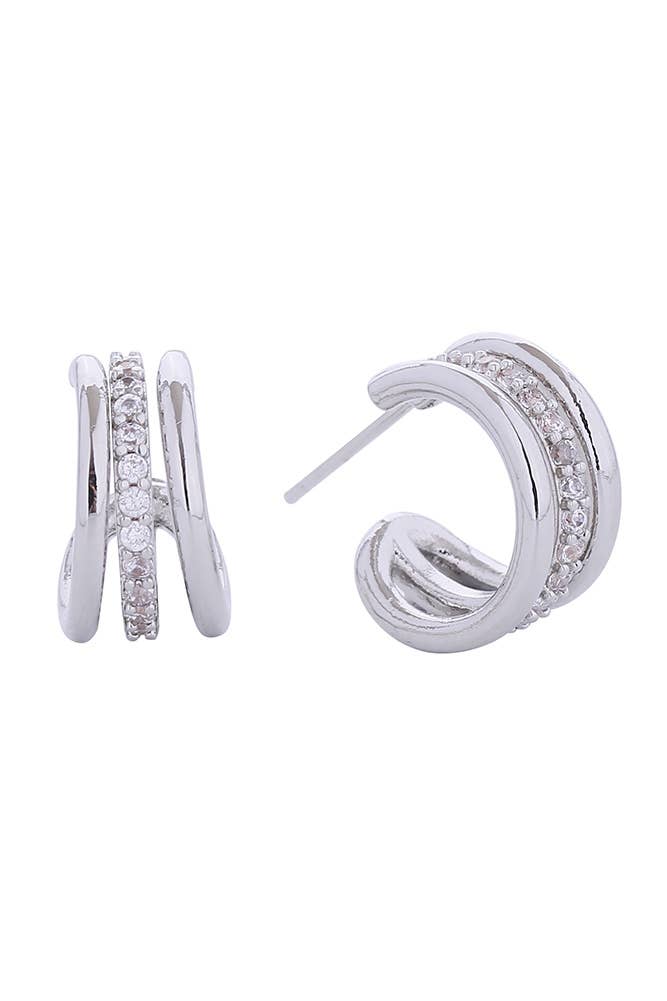 14K Dazzle Trio Hoop Post Earrings: White Gold