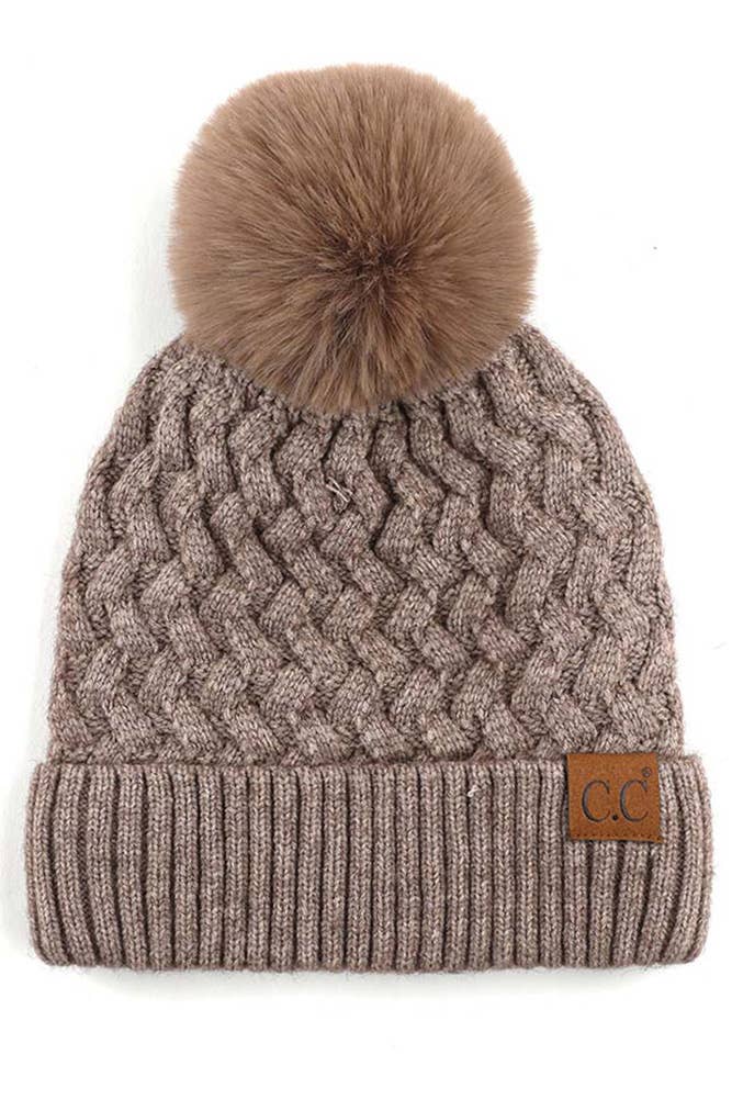 C.C Woven Cable Stitch Cuff Soft Pom Beanie Winter Hat: Beige