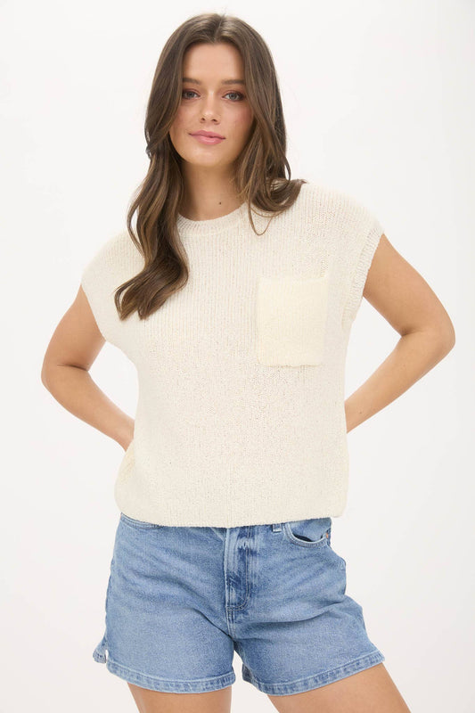 CREWNECK SHORT SLEEVE BATWING SWEATER WITH POCKET