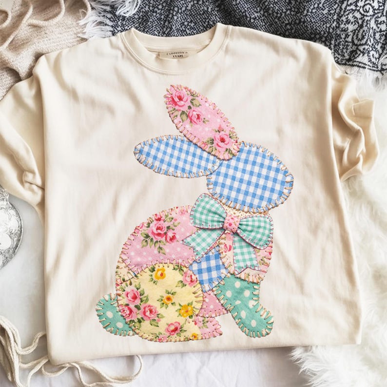 ⭐Best Seller ⭐ Faux Floral Bunny Patchwork Graphic Tee or Pullover - Made to Order