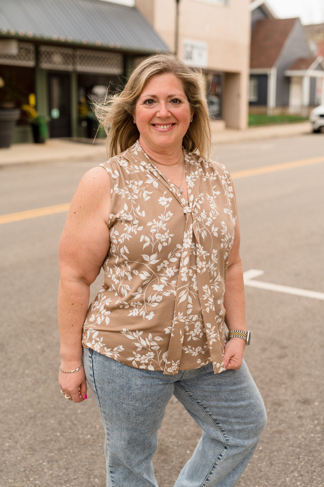 FLORAL KNIT TIE NECK LAYERING TANK: Taupe/Ivory
